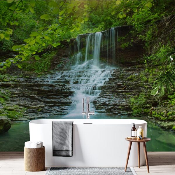 Badkamer behang Waterval zonnig bos - badkamerbehang