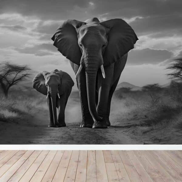 Fotobehang Moeder olifant met jong zwartwit