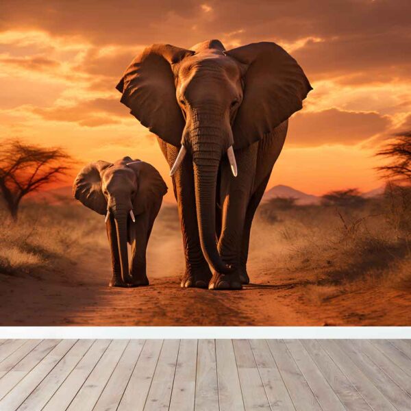 Fotobehang Moeder olifant met jong