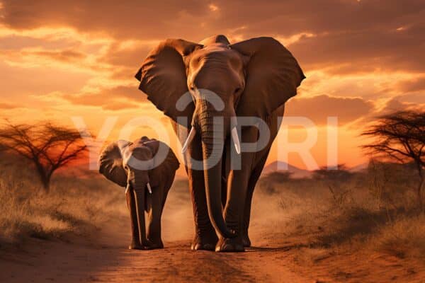 Fotobehang Moeder olifant met jong