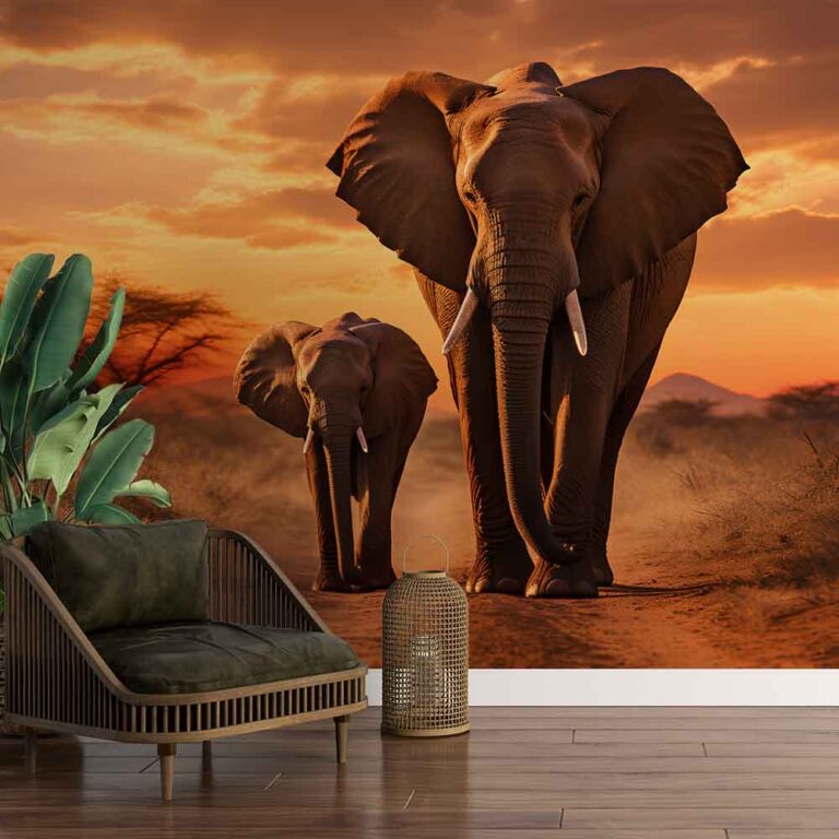 Fotobehang Moeder olifant met jong