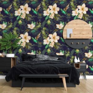 Fotobehang Kolibrie tussen bloemen