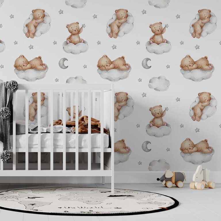 Kinderbehang Beertjes op wolken - babykamer behang - behang babykamer -babybehang