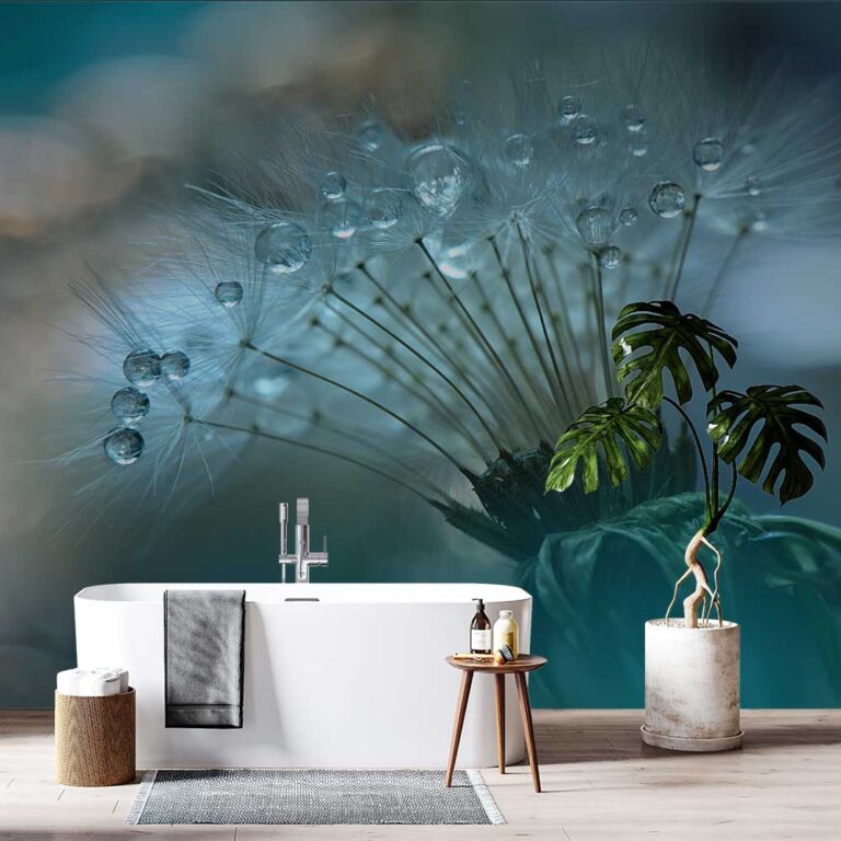 Badkamer behang op maat Badkamer behang Dandelion met waterdruppels