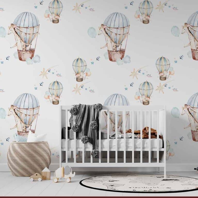 Kinderbehang Konijn giraf in luchtballon