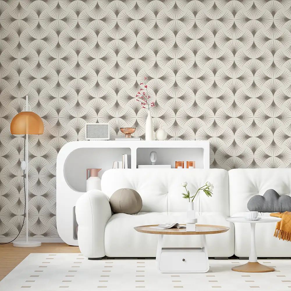Behang Art deco patroon kleur taupe woonkamer met bank