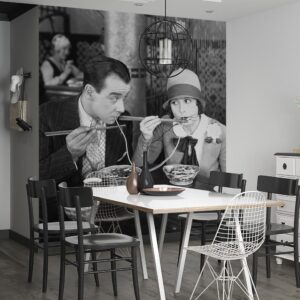Fotobehang man vrouw eten noedels
