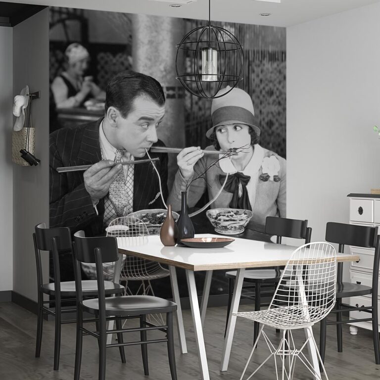 Fotobehang man vrouw eten noedels