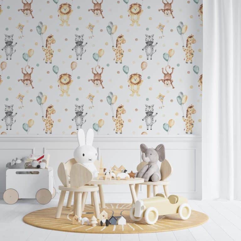 Babykamer behang - Behang babykamer - Kinderbehang - Kinderbehang Zebra leeuw aap giraf aquarel