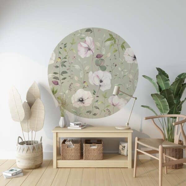 Behangcirkel Papaver en bladeren patroon