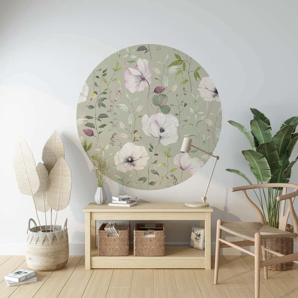 Behangcirkel Papaver en bladeren patroon