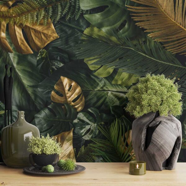 Fotobehang jungle bladeren met goud