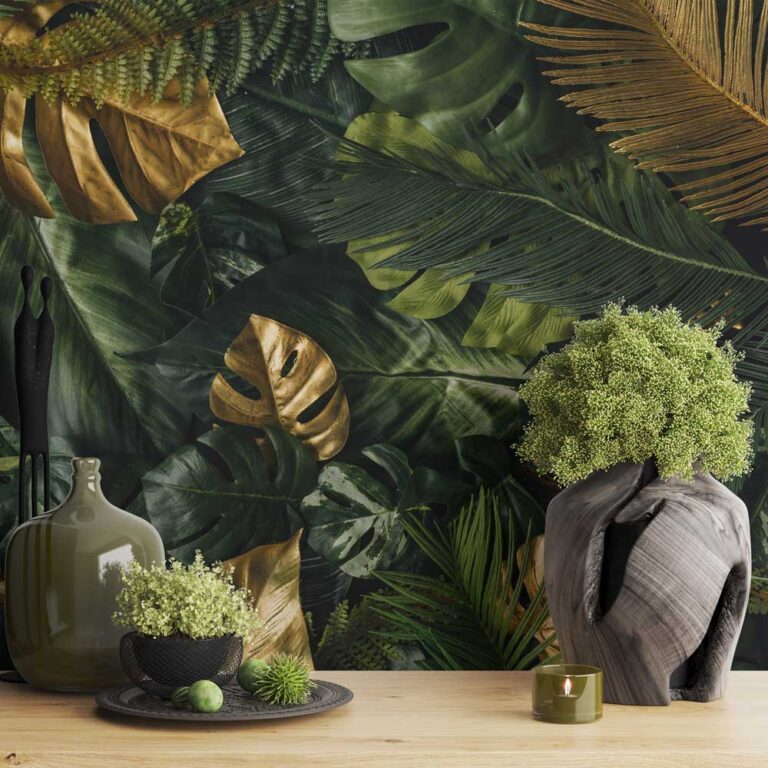 Fotobehang jungle bladeren met goud