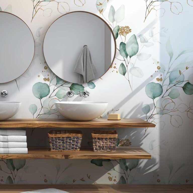 Badkamer behang eucalyptus blaadjes met goudaccent