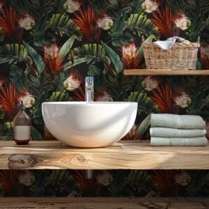 Badkamer behang Tropische bladeren en bloemen