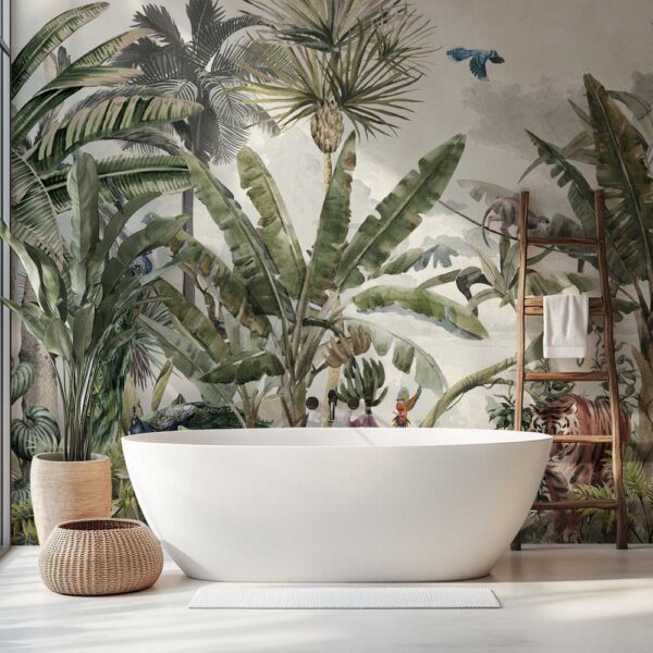 Badkamer behang Jungle met tijger en vogels
