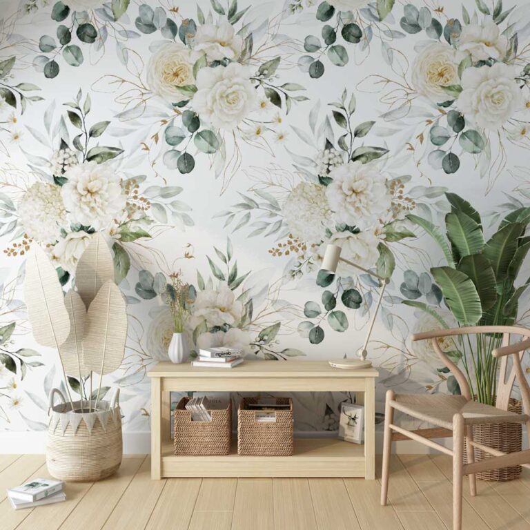 Fotobehang Rozen en eucalyptus patroon