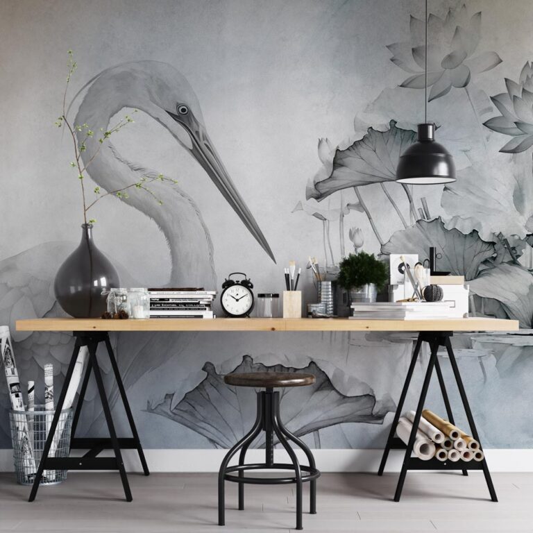 Fotobehang Reiger met bladeren