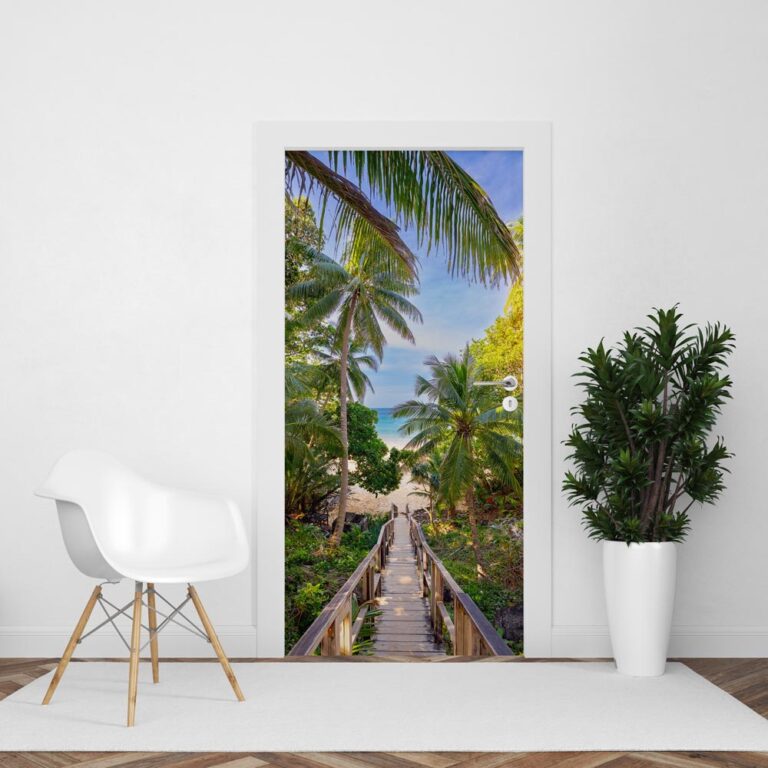deursticker Steiger naar palmbomen strand