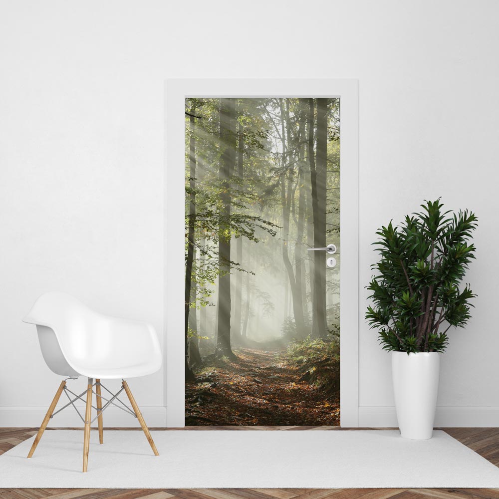 deursticker Ochtendwandeling in zonnig bos